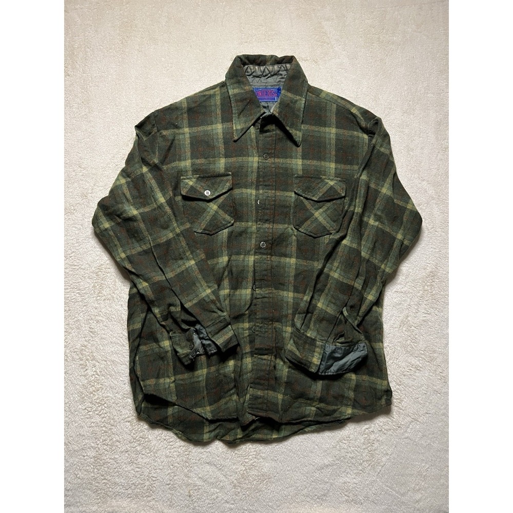 Vintage 70s 80s Ponderosa Mills Flannel Light Plaid Shadow Green/Red Size L